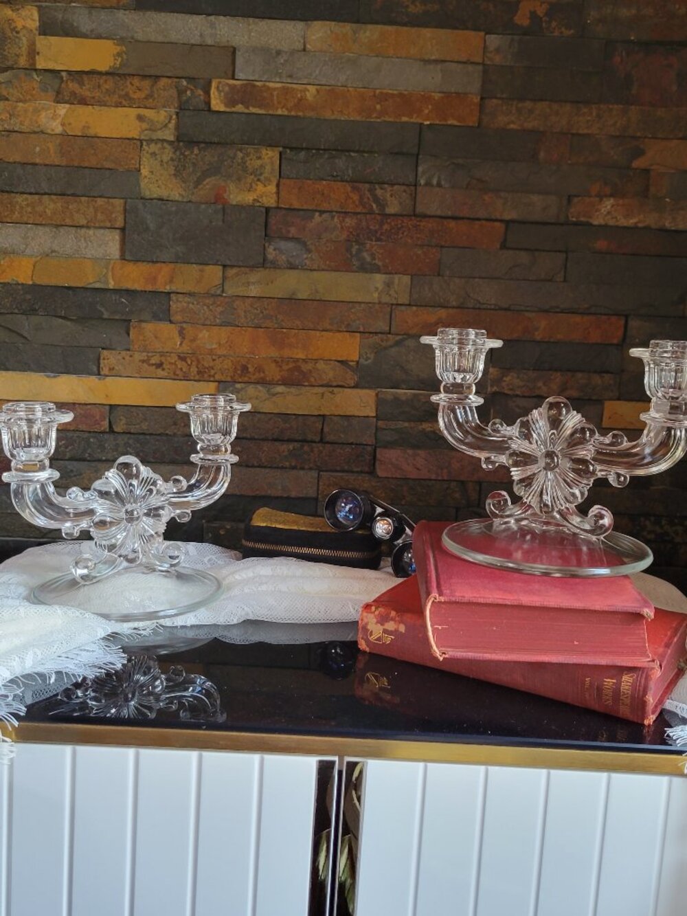 Vintage Indiana Glass Floral Bow Double Candlestick Holders-Pair